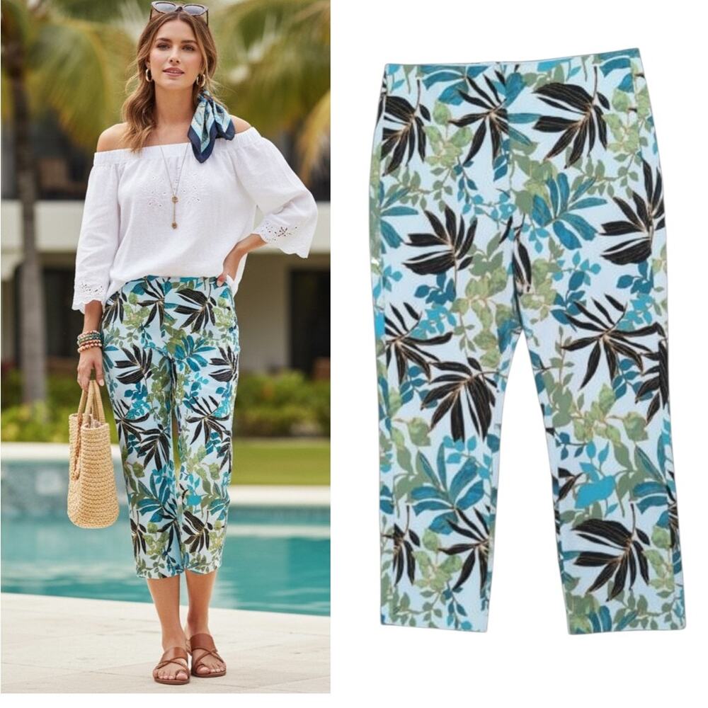 Chico's Pull-on Floral Crop Pants Sz 0/ US 4 White Blue Tropical Stretch Pockets